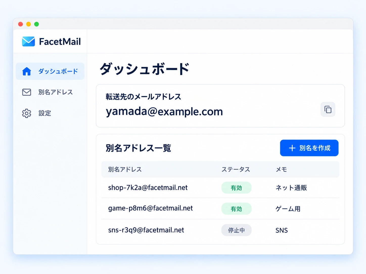 FacetMailの管理画面のイメージ。転送先と3つの別名アドレスを一覧で確認できます。
